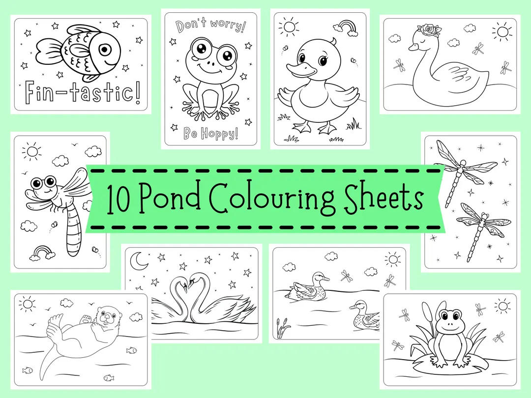 Second grade science worksheet featuring a symmetrical pond life mandala with turtles frogs and butterflies to color