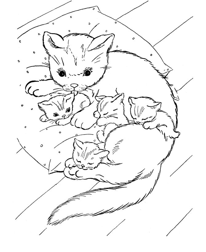Color the Mommy Cat and Kittens worksheet showing a mother cat cuddling with her kittens