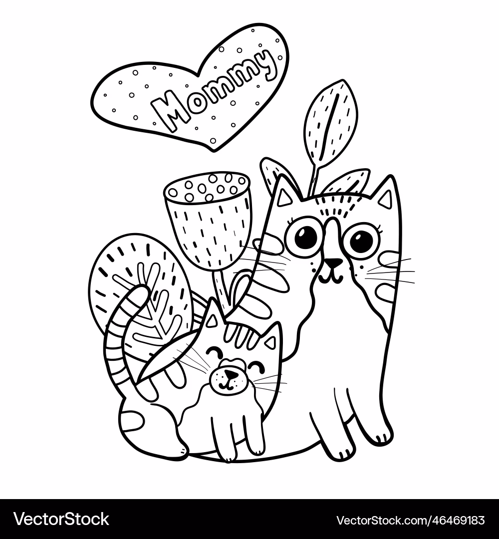 Color the mommy cat and kittens worksheet for Pre-K students featuring a family of cats