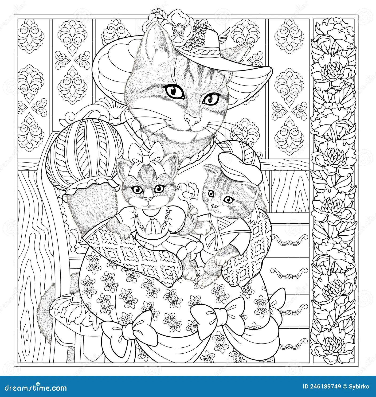 Mommy cat and her playful kittens ready to be colored in the Time and Money worksheet