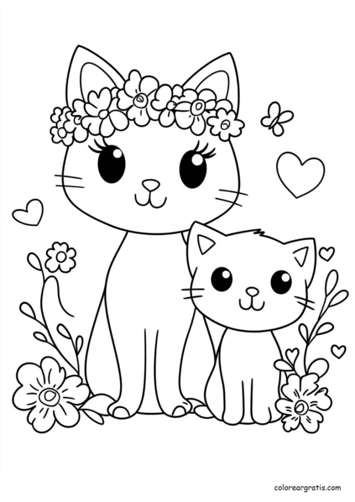 Coloring page of a mother cat cuddling with her playful kittens for preschool students