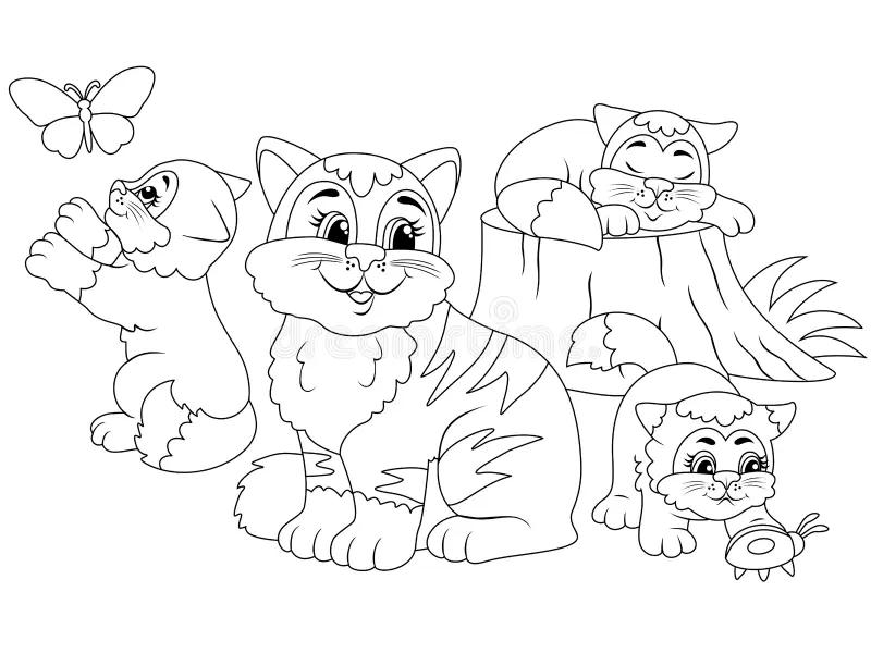 Coloring page for Pre-K students showing a mother cat cuddling with her kittens