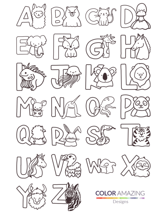 Color the Animal Alphabet worksheet featuring the letter A alligator A playful alligator shaped like the letter A for preschoolers to color in