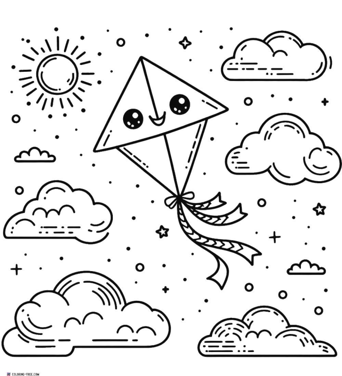 Coloring page featuring a child flying a kite on a sunny spring day