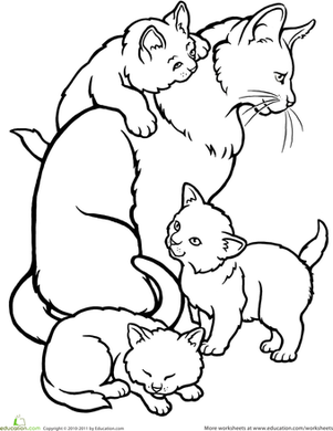 A delightful coloring worksheet of a mommy cat with her playful kittens
