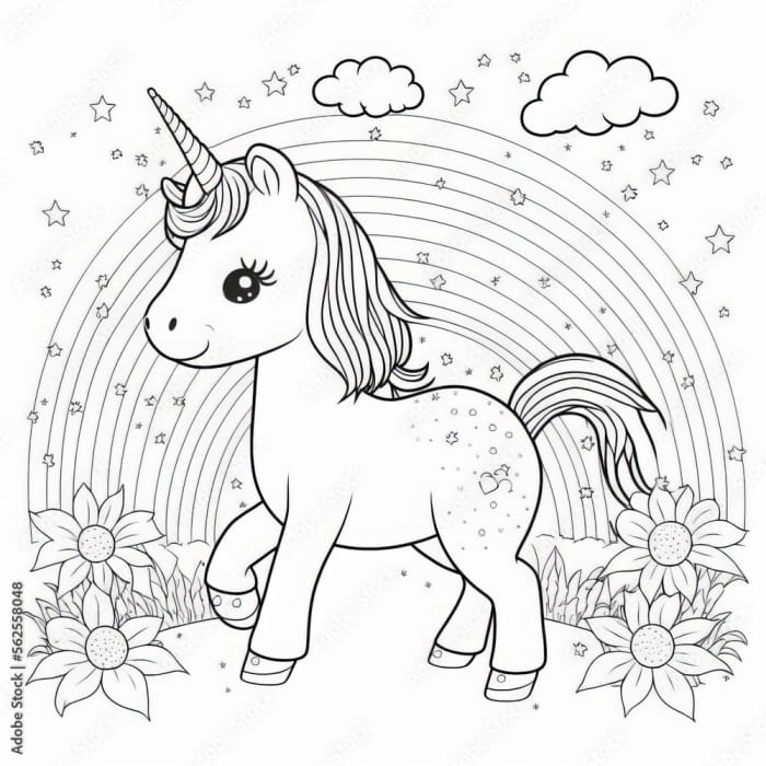 A whimsical coloring worksheet of a flying unicorn soaring above a vibrant rainbow