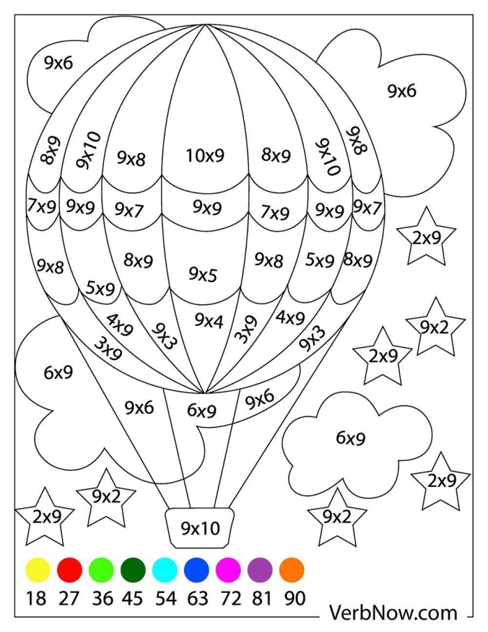 Pre-K students color a set of hot air balloons by matching nine different colors to the numbered sections on this worksheet.