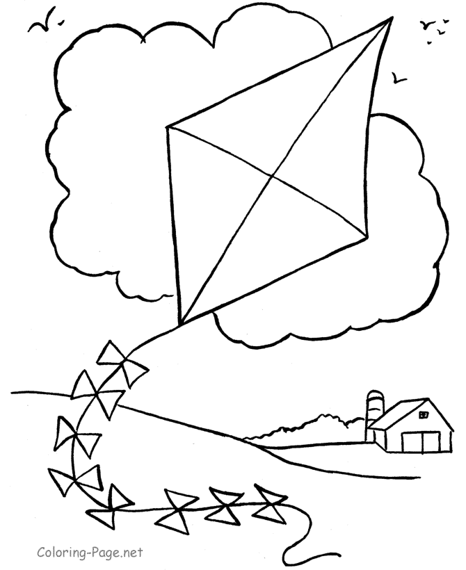 Coloring page featuring a child flying a kite on a sunny spring day