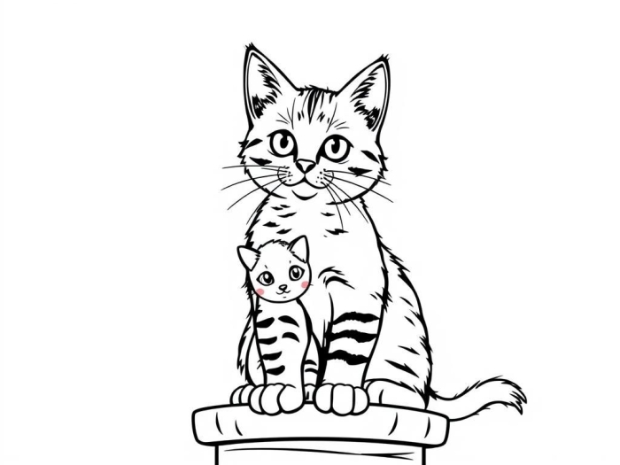 Pre-K coloring worksheet featuring a mommy cat playing with her cute kittens