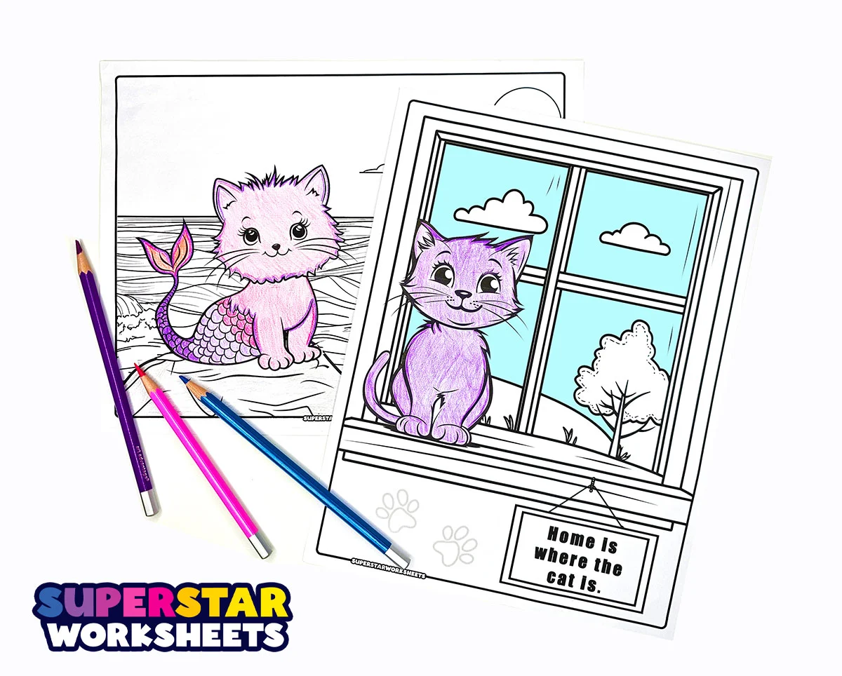 Coloring sheet showing a mother cat cuddling with her playful kittens