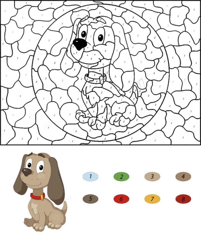 Cute puppy coloring worksheet for kindergarteners, featuring color by number instructions. Engaging Color by Number Puppy activity for young learners to enhance their reading skills.