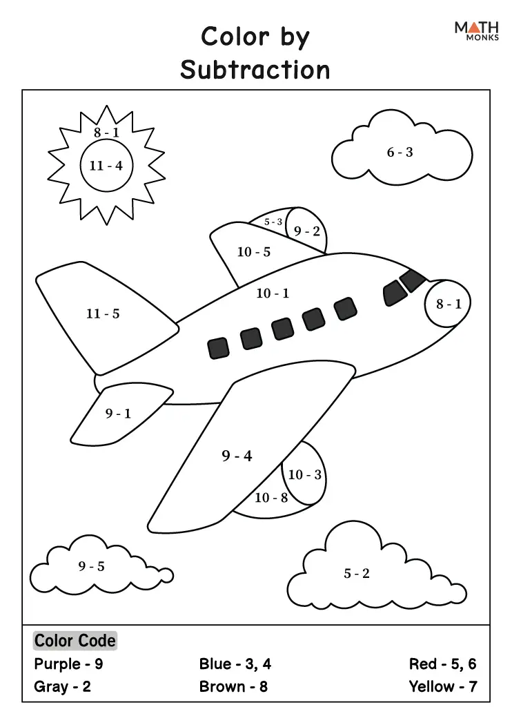 First grade student coloring a page by solving simple subtraction problems to reveal a hidden picture