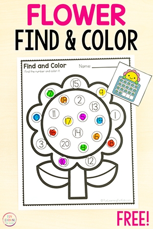 Kindergarten worksheet featuring a lucky bee flying over a bunch of spring flowers to color