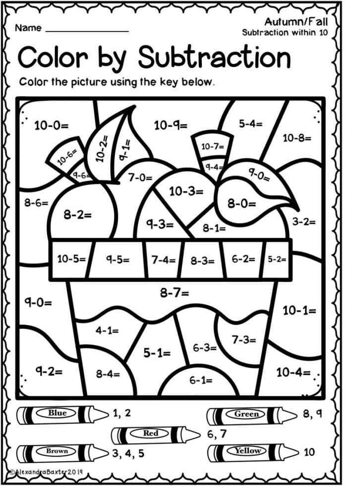 First grade student solving a color by simple subtraction worksheet to reveal a hidden picture