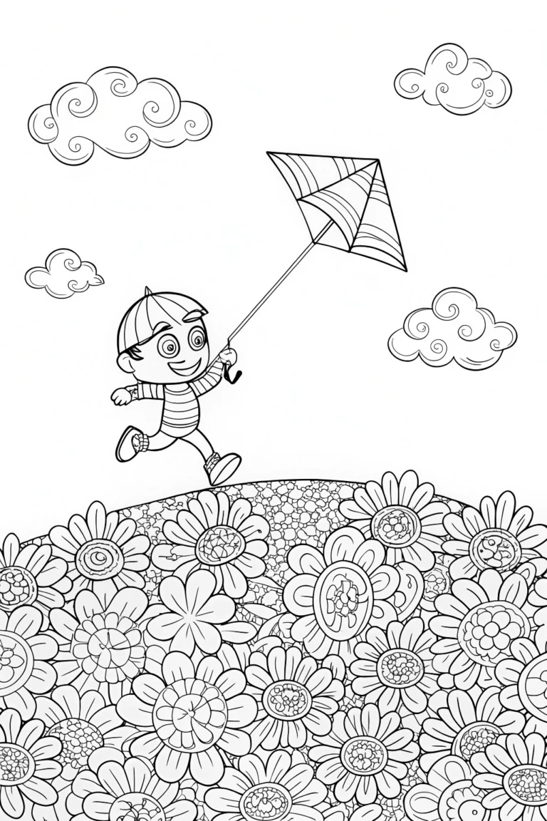 A young boy enjoys a sunny spring day flying his kite on this coloring page