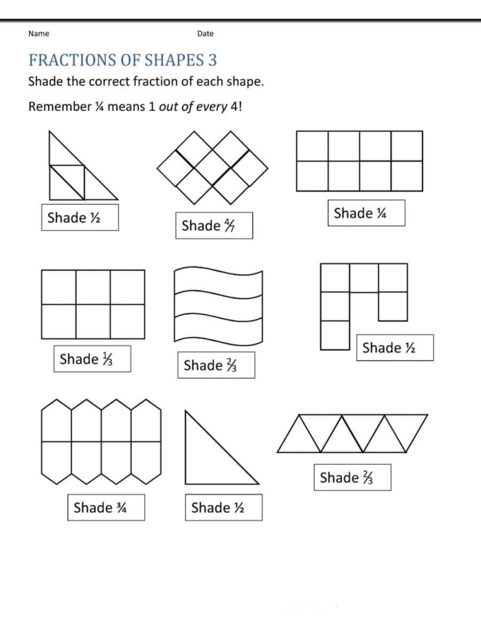 Printable activity for teaching children about the fraction 1/3 Coloring Shapes worksheet focused on the fraction 1/3 for first graders