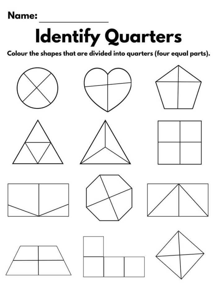 Printable activity for identifying and understanding the fraction 1/3 Coloring Shapes worksheet for practicing the fraction 1/3 for first graders