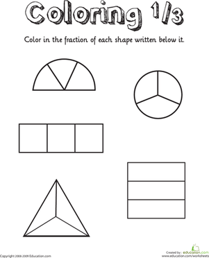 Printable fraction practice image for identifying 1/3 with fun shapes Coloring Shapes worksheet focused on the fraction 1/3 for first graders