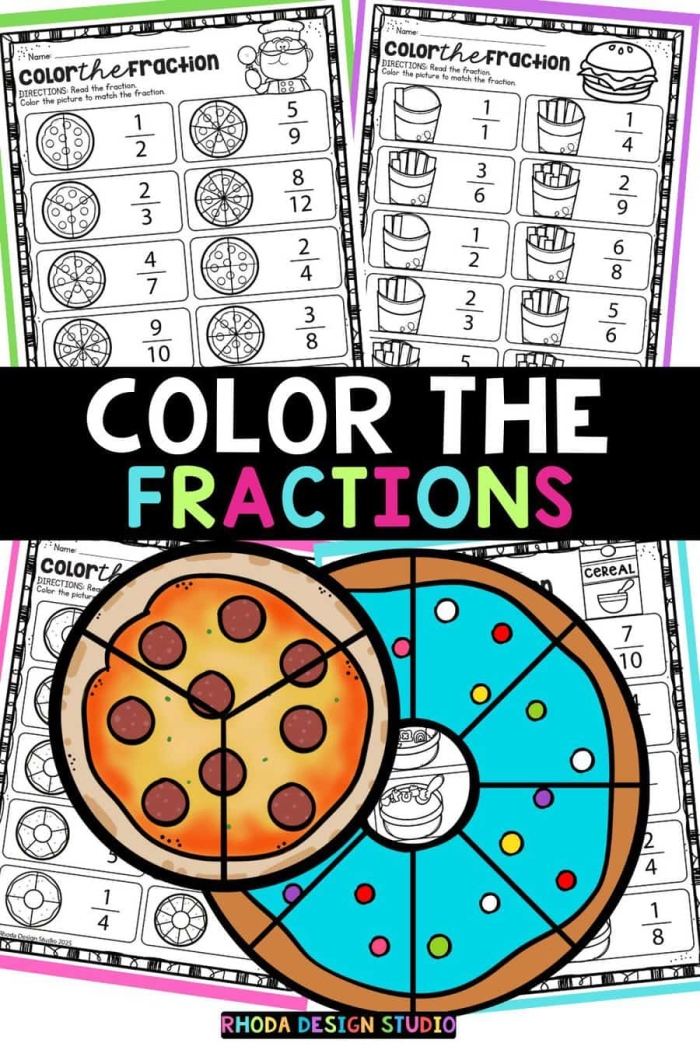 Printable worksheet example 4 featuring divided shapes to teach one-half fractions to young students First grade math worksheet showing colorful shapes divided in half for fraction learning activities