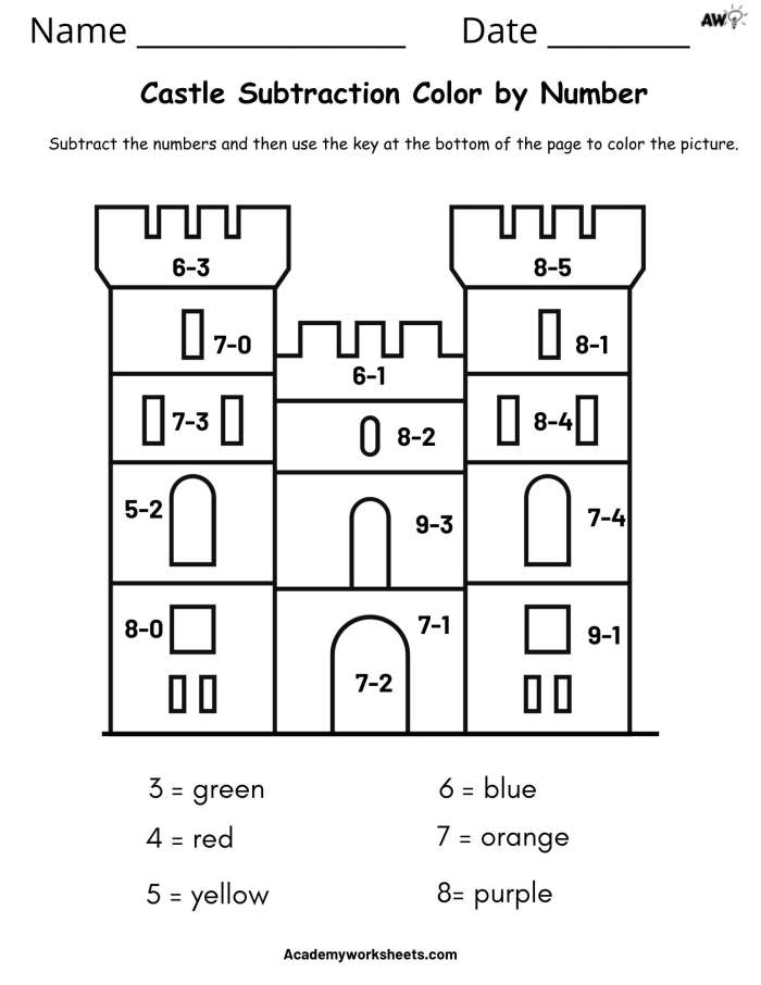 Color by Simple Subtraction worksheet featuring fun subtraction problems for first graders