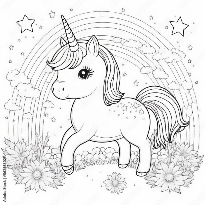 A whimsical coloring worksheet showcasing a winged unicorn soaring through a vibrant rainbow