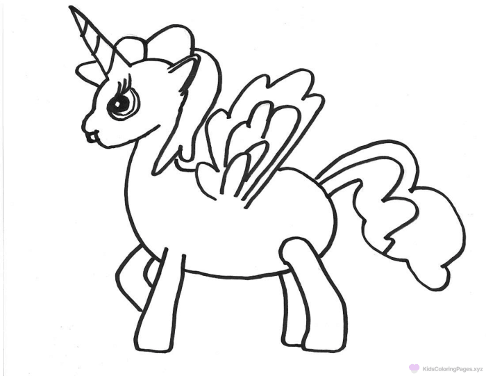 A whimsical coloring worksheet showing a flying unicorn soaring near a vibrant rainbow