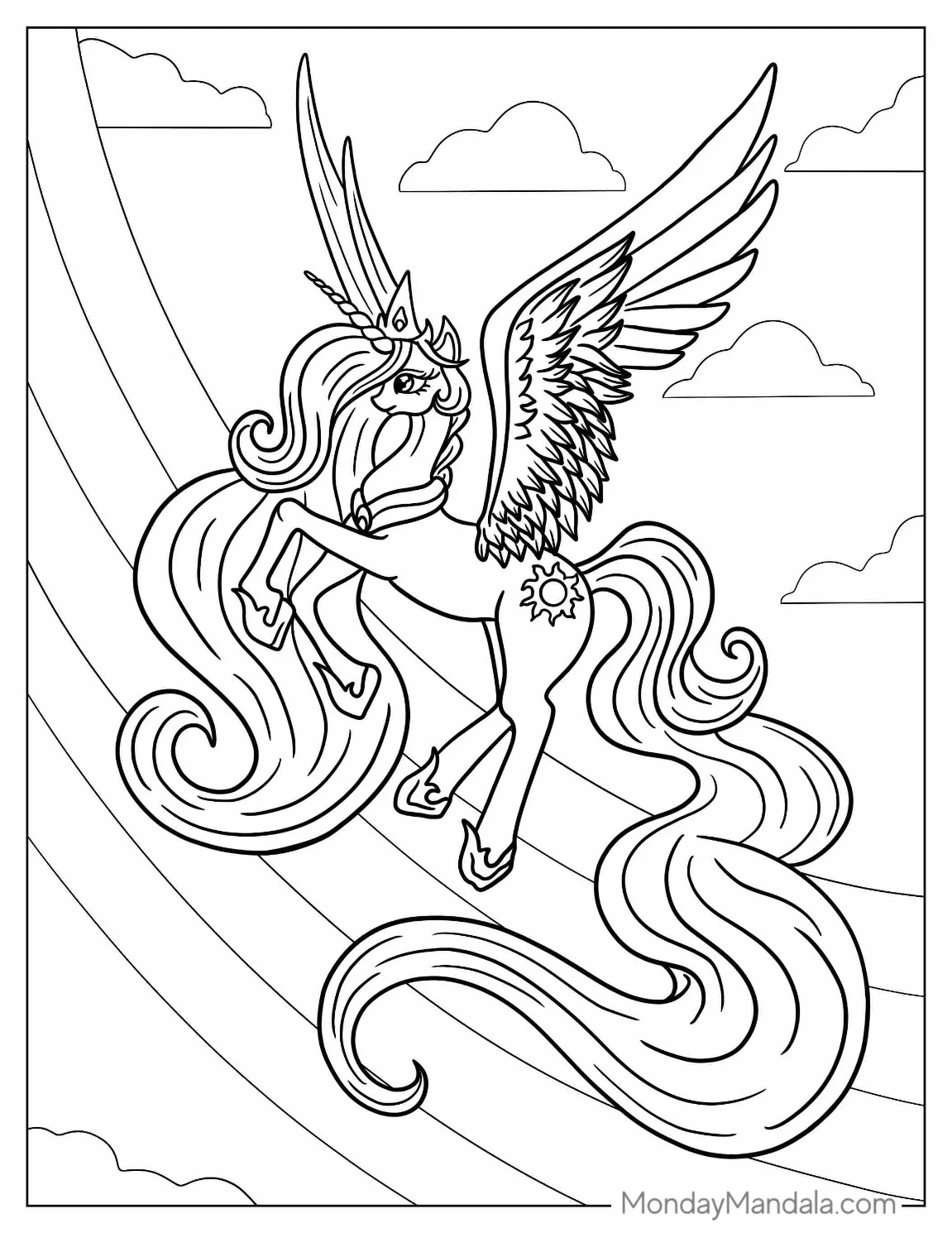 Coloring page of a whimsical flying unicorn soaring through a vibrant rainbow