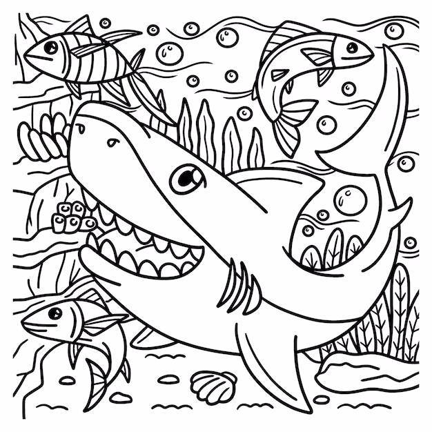 Coloring page of a great white shark designed for young children interested in ocean life