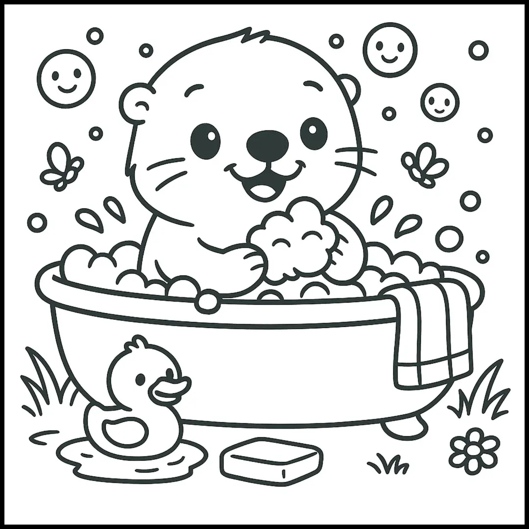 Kindergarten worksheet featuring a dog getting a bath for children to color