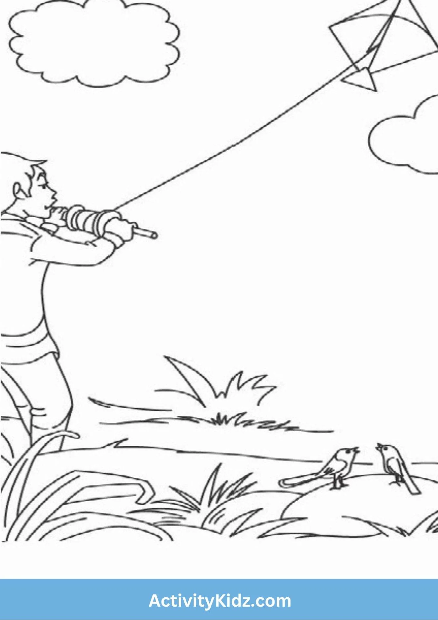 A young child joyfully flying a colorful kite on a bright spring day for worksheet 13