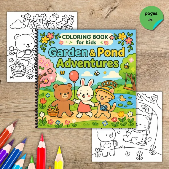 Coloring page featuring turtles, frogs, and butterflies in a mandala design inspired by pond life