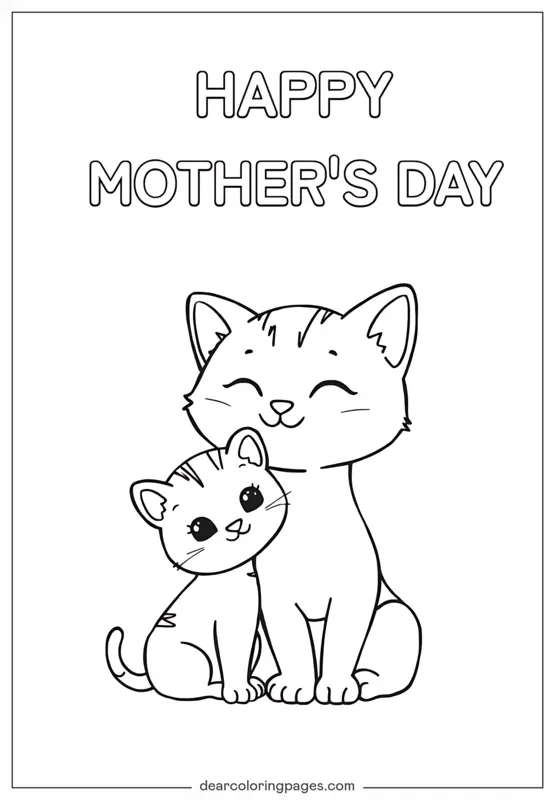 Mommy cat enjoying a playful moment with her adorable kittens in a coloring worksheet