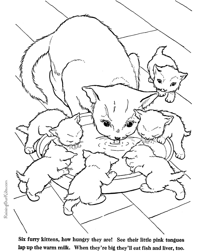 Pre-K coloring page featuring a mother cat and her kittens cuddling together
