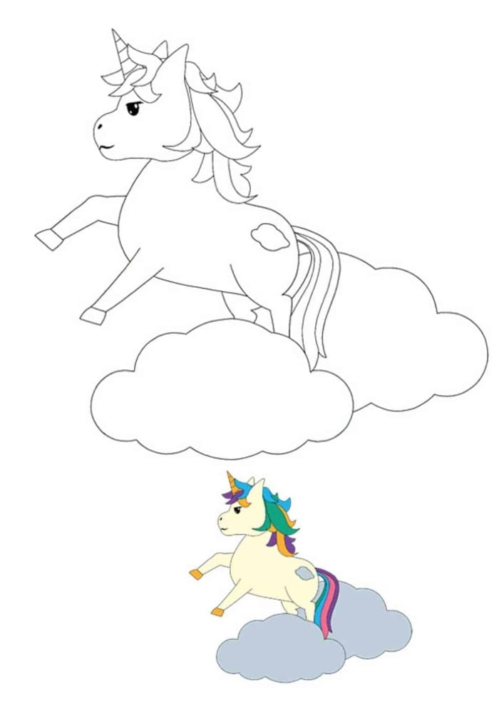 Coloring page of a whimsical flying unicorn soaring in front of a vibrant rainbow