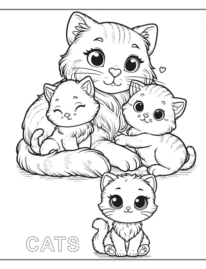 A delightful coloring worksheet featuring a mommy cat and her playful kittens for young learners. Color the Mommy Cat and Kittens worksheet for Pre-K students in Time and Money category.