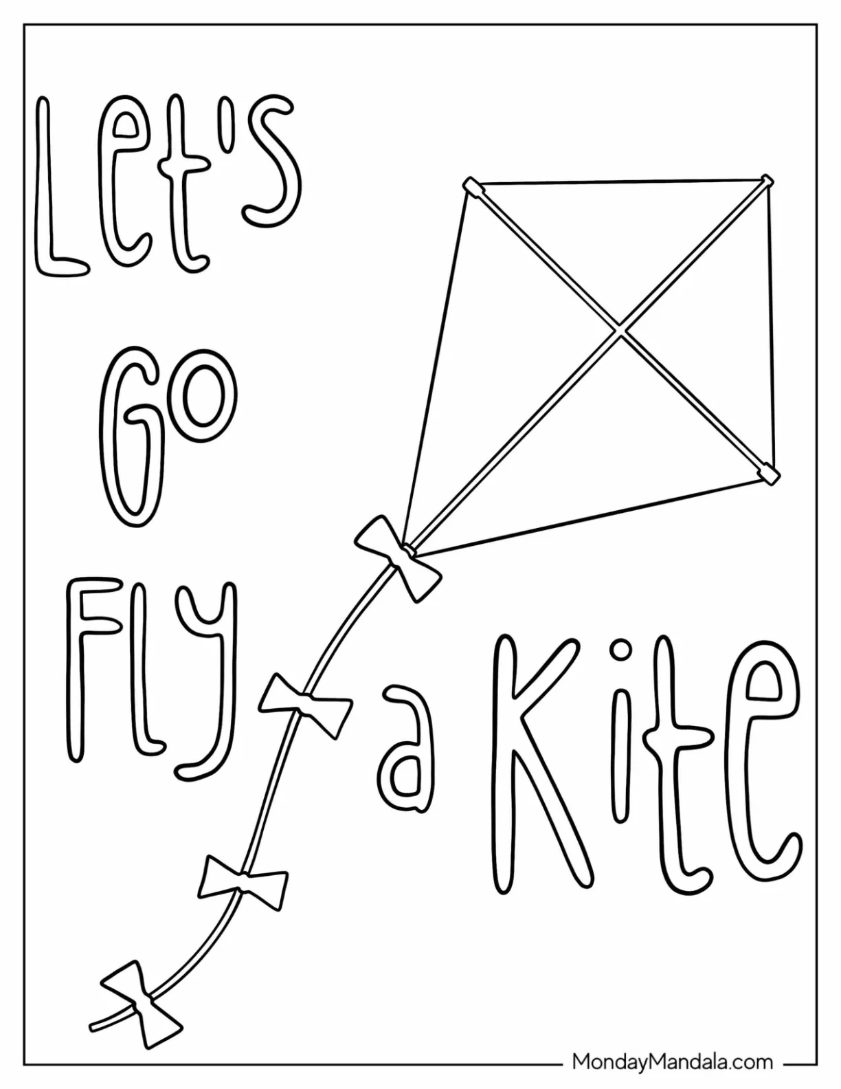 Pre-K coloring page featuring a happy child flying a kite on a sunny spring day