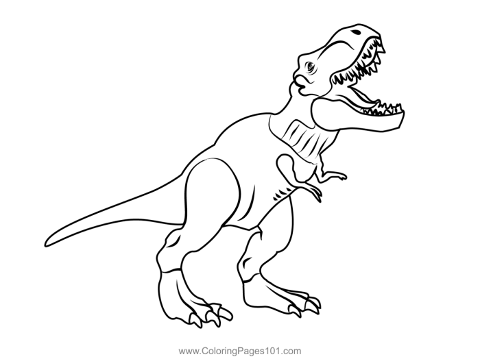 A fierce Tyrannosaurus Rex ready to attack for a Pre-K reading and coloring worksheet