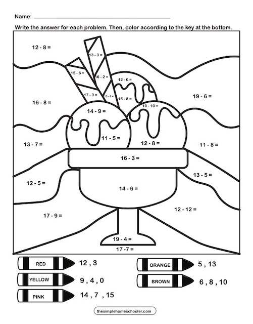 First grade student solving a color by simple subtraction math worksheet 16