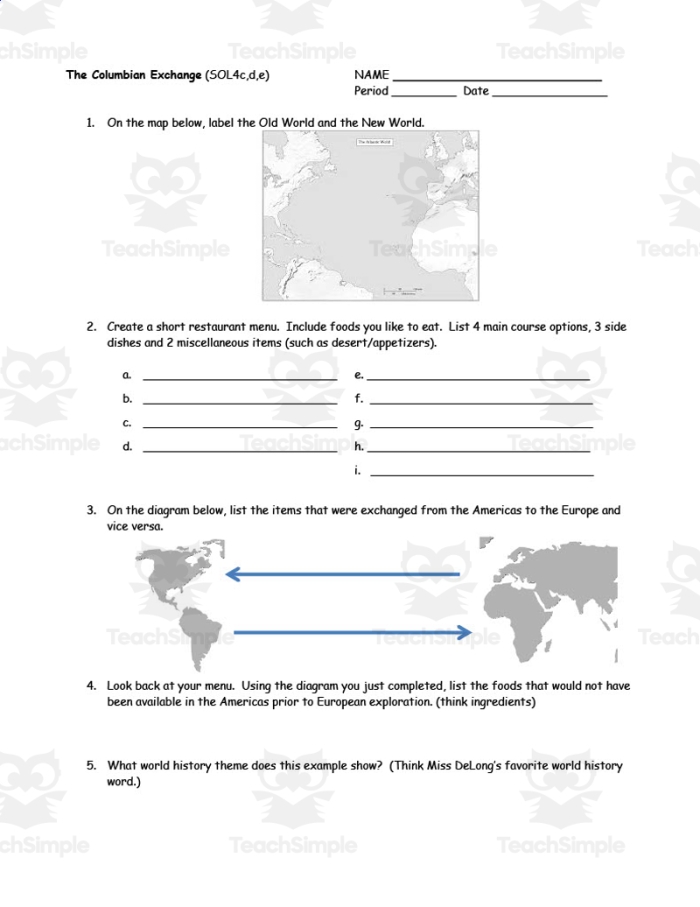 Engaging social studies worksheet on the Columbian Exchange effects Worksheet illustrating the impacts of the Columbian Exchange for sixth graders