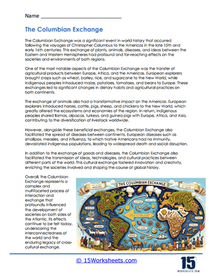 Columbian Exchange educational worksheet for social studies students Illustration of a two-page worksheet on the Columbian Exchange for sixth graders