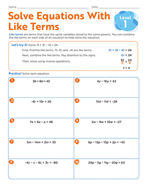 Eighth grade algebra worksheet focusing on solving equations by combining like terms