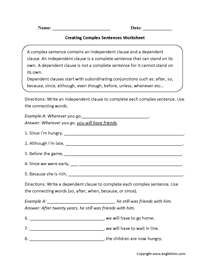 Third grade grammar worksheet showing exercises for combining independent and dependent clauses to form complex sentences