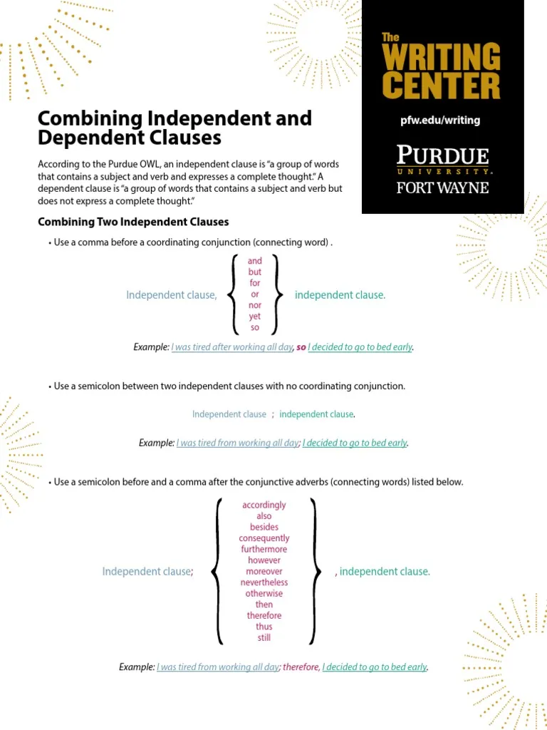 A colorful worksheet for third graders focusing on matching independent and dependent clauses. Combining Independent and Dependent Clauses Worksheet for Grade 3.