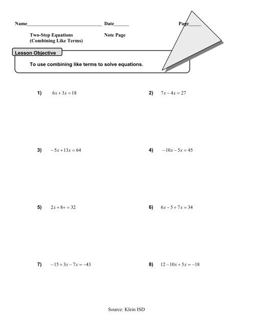 Eighth grade algebra worksheet for practicing solving equations with like terms