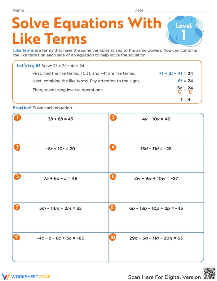 Eighth grade student solving algebraic equations by combining like terms on a worksheet