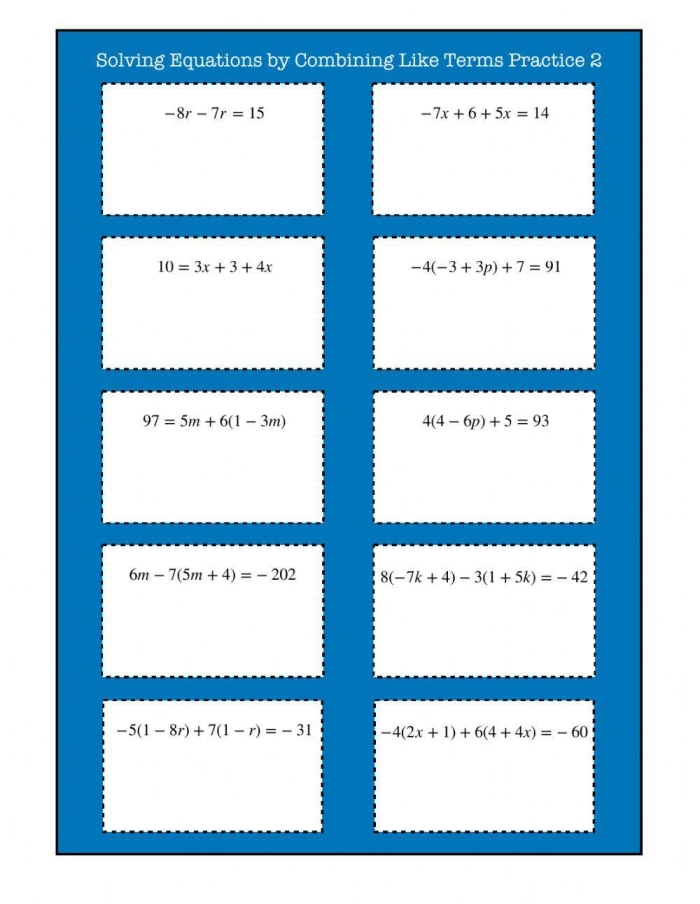 Eighth grade math worksheet for solving algebraic equations by combining like terms