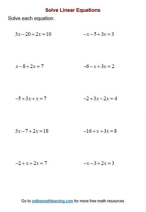 Eighth grade student solving multi-step equations by combining like terms on a practice worksheet