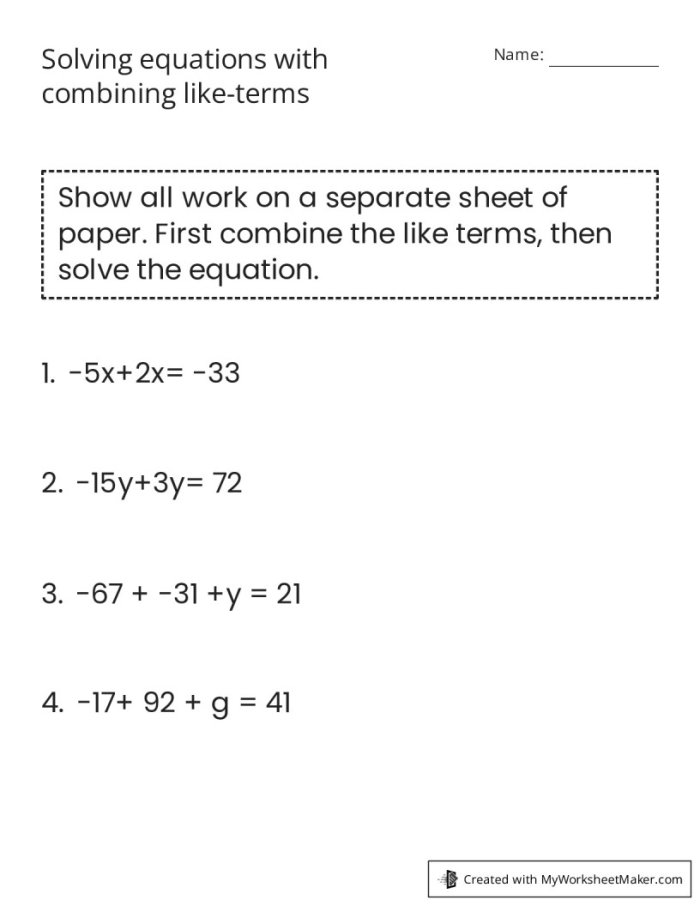 Eighth grade student solving algebraic equations by combining like terms on a worksheet