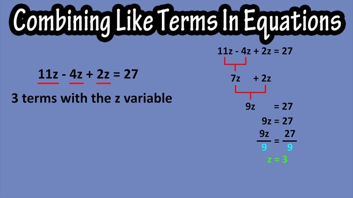 Eighth grade math worksheet focusing on solving algebraic equations by combining like terms