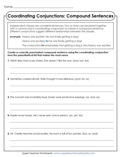 Combining Sentences with Coordinating Conjunctions for Fourth Graders Worksheet for practicing coordinating conjunctions in sentence combining
